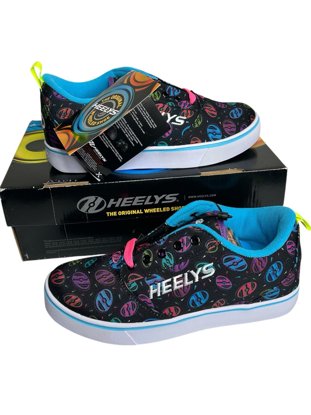 New Heelys Black Multi-Logo Sneakers with Blue Liner and Neon Womens 8